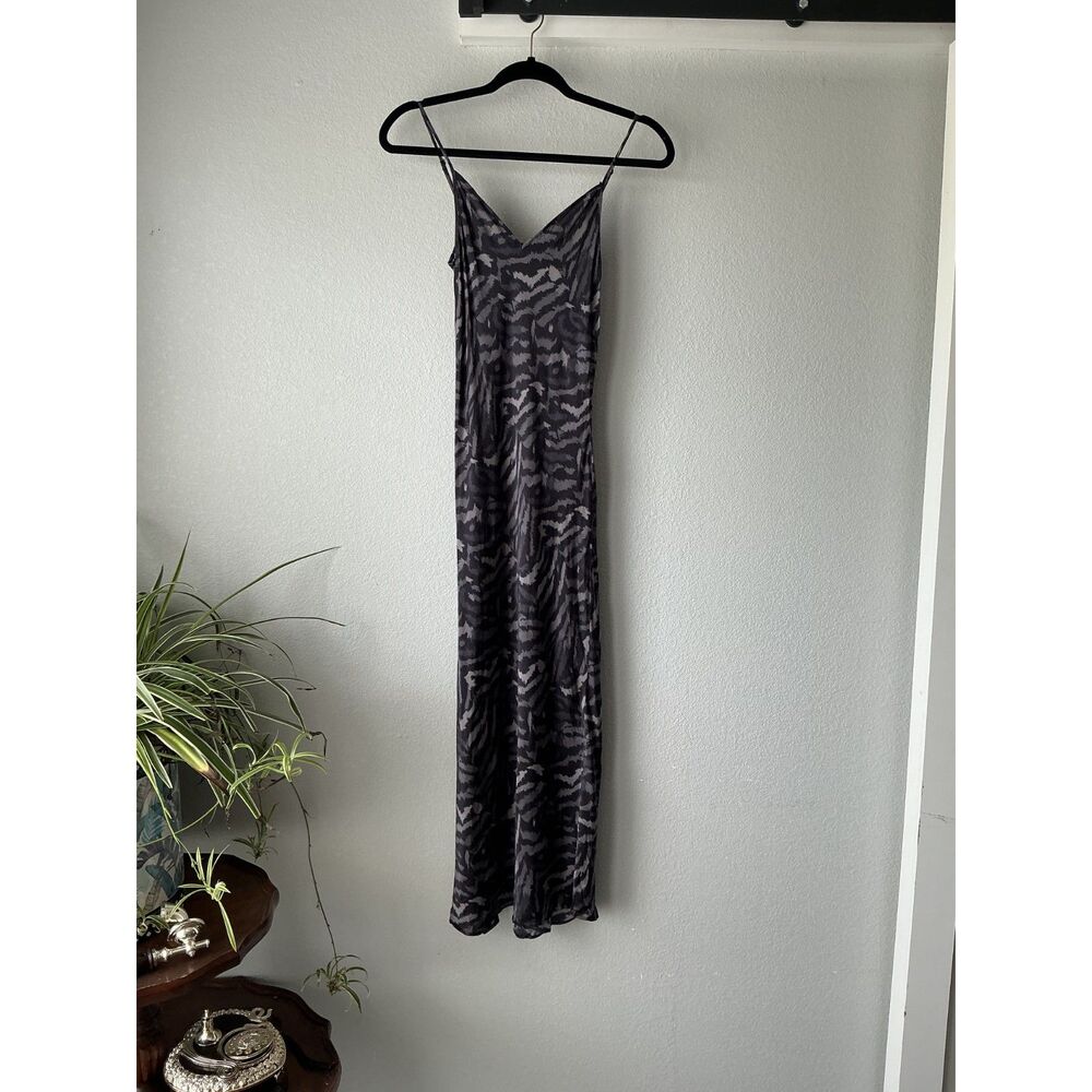 AllSaints Slip Dress XS Grey Black Animal Print Maxi Bias Cut Grunge Y2K Sheer